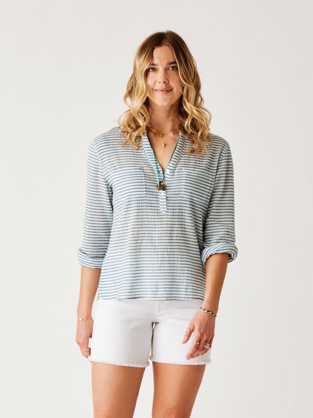 Carve Designs Dylan Gauze Shirt Blouse Sz XS Pockets Blue White Roll Tab Sleeve